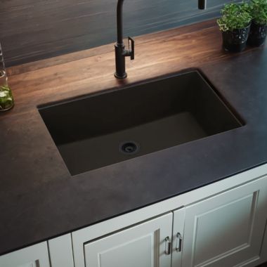 Click here to see Elkay ELXRU13322DN0  Elkay Quartz Luxe Obsidian 33in x 18-7/16in x 9-7/16in Single Bowl Undermount Sink with Rear Center Drain - ELXRU13322DN0