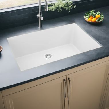 Click here to see Elkay ELXRU13322FX0 Elkay Quartz Luxe Arctic Fox 33in x 18-7/16in x 9-7/16in Single Bowl Undermount Sink with Rear Center Drain - ELXRU13322FX0