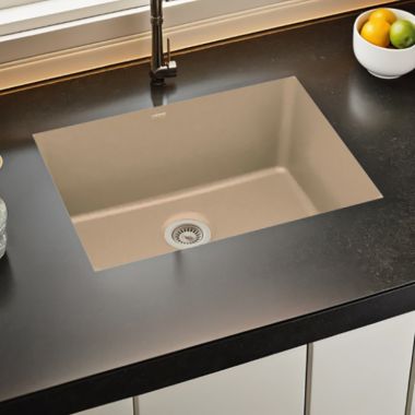 Click here to see Elkay ELXRU13322SN0 Elkay Quartz Luxe Sandstone 33in x 18-7/16in x 9-7/16in Single Bowl Undermount Sink with Rear Center Drain - ELXRU13322SN0