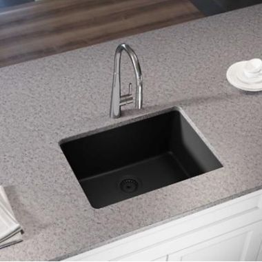 Click here to see Elkay ELXU2522DN0 Elkay Quartz Luxe Obsidian 25in x 19in x 10in Single Bowl Undermount Kitchen Sink, Rear Center Drain - ELXU2522DN0  