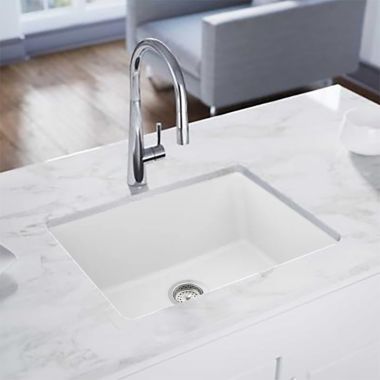 Click here to see Elkay ELXU2522FX0 Elkay Quartz Luxe Arctic Fox 25in x 19in x 10in Single Bowl Undermount Kitchen Sink, Rear Center Drain - ELXU2522FX0  