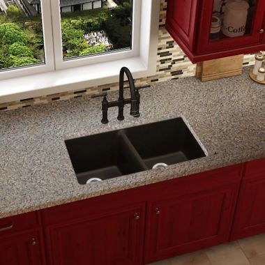 Click here to see Elkay ELXU3322DN0 Elkay Quartz Luxe Obsidian 33in x 19in x 10in Double Bowl Undermount Kitchen Sink, Rear Center Drain - ELXU3322DN0