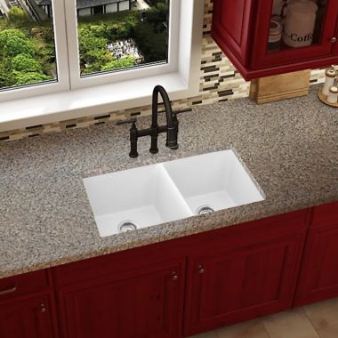 Click here to see Elkay ELXU3322FX0 Elkay Quartz Luxe Arctic Fox 33in x 19in x 10in Double Bowl Undermount Kitchen Sink, Rear Center Drain - ELXU3322FX0