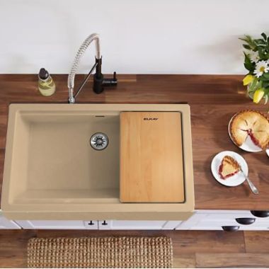 Click here to see Elkay ELXUFP362010SN0 Elkay Quartz Luxe Sandstone 36in x 22in x 9in Single Bowl Farmhouse Workstation Kitchen Sink with Cutting Board, Drains, Maintenance Kit, Rear Center Drain - ELXUFP362010SN0 