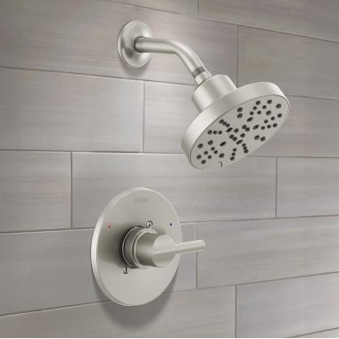 Click here to see Delta 142749-SS Delta Nicoli Monitor 14 Series Shower Faucet with 5-Setting Rain Showerhead, H2Okinetic, Touch-Clean, ADA, 1.75 GPM, Stainless - 142749-SS