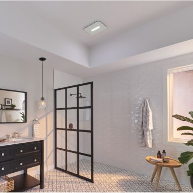 Click here to see Broan AE80LK Broan-NuTone Flex Series Bathroom Exhaust Fan with LED Lighted CleanCover Grille, 80 CFM, 0.7 Sones, Energy Star - AE80LK