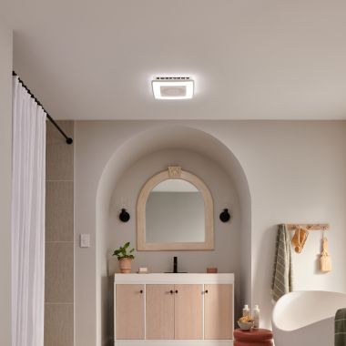 Click here to see Broan VC110CCT Broan-NuTone Roomside Series Voice Controlled Smart Exhaust Fan with Dimmable LED Light and Speakers, 110 CFM, 1.5 Sones -  VC110CCT