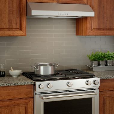 Click here to see Broan BCSQ130SS Broan-NuTone Glacier 30-Inch Convertible Under-Cabinet Range Hood, 375 CFM, Stainless Steel - BCSQ130SS