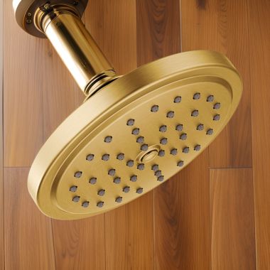 Click here to see Moen S176EP15BG Moen Single-Function Round Raincan Showerhead with Immersion Technology, Eco-Performance, 1.5 GPM, Brushed Gold - S176EP15BG