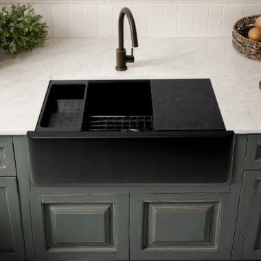 Click here to see Alfi AB33FARM-BLA ALFI Black Granite Composite Workstation, 33in x 20-1/2in Drop-In with Center Drain Single Bowl Sink With Cutting Board, Colander, and Sink Grid - AB33FARM-BLA