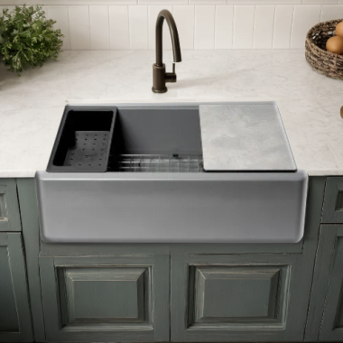 Click here to see Alfi AB33FARM-T ALFI Titanium Granite Composite Workstation, 33in x 20-1/2in Drop-In with Center Drain Single Bowl Sink With Cutting Board, Colander, and Sink Grid - AB33FARM-T 