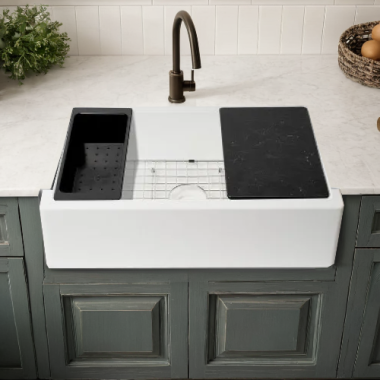 Click here to see Alfi AB33FARM-W ALFI White Granite Composite Workstation, 33in x 20-1/2in Drop-In with Center Drain Single Bowl Sink With Cutting Board, Colander, and Sink Grid - AB33FARM-W