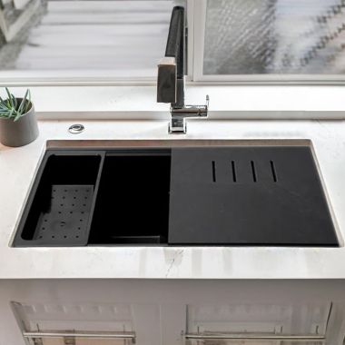 Click here to see Alfi AB3418DBUM-BLA ALFI Black Granite Composite Workstation, 33in Undermount With Step Offset Drain, Rim Double Bowl Sink With Cutting Board, Colander, and Sink Grid - AB3418DBUM-BLA