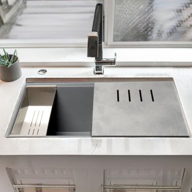 Click here to see Alfi AB3418DBUM-T ALFI Titanium Granite Composite Workstation, 33in Undermount With Step Offset Drain, Rim Double Bowl Sink With Cutting Board, Colander, and Sink Grid - AB3418DBUM-T