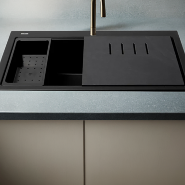 Click here to see Alfi AB3418SBDI-BLA ALFI Black Granite Composite Workstation, 33in Drop In With Center Drain, Step Rim Single Bowl Drop In Sink With Cutting Board, Colander, and Roll Mat - AB3418SBDI-BLA