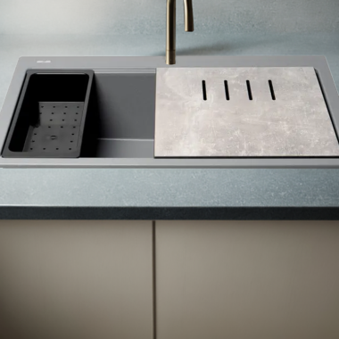 Click here to see Alfi AB3418SBDI-T ALFI Titanium Granite Composite Workstation, 33in Drop In With Center Drain, Step Rim Single Bowl Drop In Sink With Cutting Board, Colander, and Roll Mat - AB3418SBDI-T