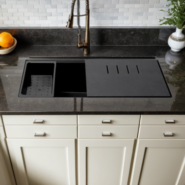 Click here to see Alfi AB3418SBUM-BLA ALFI Black Granite Composite Workstation, 33in Undermount With Rear Center Drain, Step Rim Single Bowl Sink With Cutting Board, Colander, and Roll Mat - AB3418SBUM-BLA