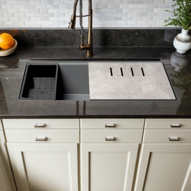 Click here to see Alfi AB3418SBUM-T ALFI Titanium Granite Composite Workstation, 33in Undermount With Rear Center Drain, Step Rim Single Bowl Sink With Cutting Board, Colander, and Roll Mat - AB3418SBUM-T