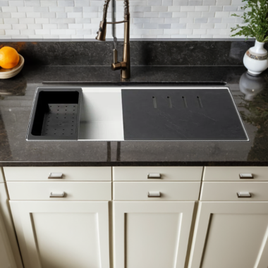 Click here to see Alfi AB3418SBUM-W ALFI White Granite Composite Workstation, 33in Undermount With Rear Center Drain, Step Rim Single Bowl Sink With Cutting Board, Colander, and Roll Mat - AB3418SBUM-W