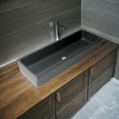 Click here to see Alfi AB48TRBM ALFI Black Matte Fireclay Above-Mount or Semi-Recessed 48in Single-Bowl Bathroom Sink With Trough Design - AB48TRBM