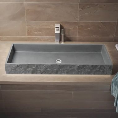 Click here to see Alfi ABCO39TR ALFI Grey Matte Solid Concrete 39in Chiseled Style, Rectangular, Above Mount Bathroom Trough Sink With Center Drain  - ABCO39TR