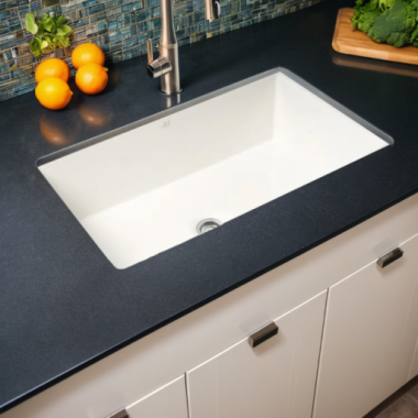 Click here to see Alfi ABF3219SUD-W ALFI White Fireclay 32in x 19in Undermount/Drop-In Single Bowl Kitchen Sink With Center Drain - ABF3219SUD-W