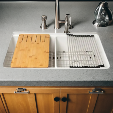 Click here to see Alfi ABFS3320D-W ALFI White Fireclay Workstation, 33in x 20in Step Rim Double Bowl Kitchen Sink With Center Drain - ABFS3320D-W