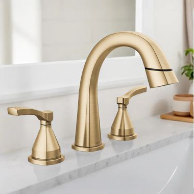 Click here to see Delta 35775-CZPD-PR-DST Delta Stryke Widespread Bathroom Faucet, Two Handles, DIAMOND Seal, MagnaTite, ADA, 1.2 GPM, Lumicoat Champagne Bronze - 35775-CZPD-PR-DST