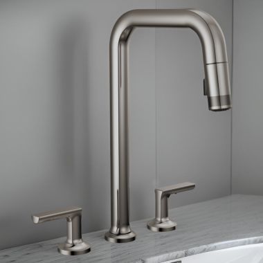 Click here to see Brizo 62507LF-BNXLHP-L Brizo Kintsu Two-Handle Widespread Pull-Down Kitchen Faucet w/ Square Spout, MagneDock, Less Handles, 1.8 GPM, Lumicoat Black Onyx - 62507LF-BNXLHP-L