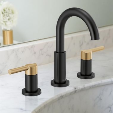 Click here to see Delta 35749LF-GZ Delta Nicoli Widespread Bathroom Faucet, Two-Handle, Deck Mount, ADA-Compliant, 1.2 GPM, Matte Black/Champagne Bronze - 35749LF-GZ