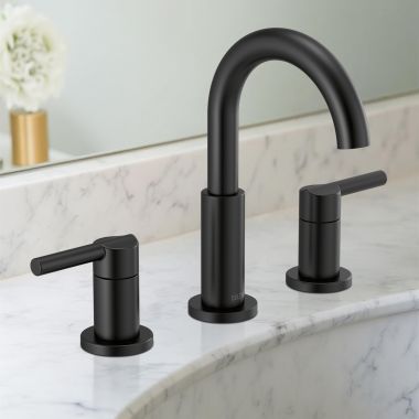 Click here to see Delta 35749LF-CZ Delta Nicoli Widespread Bathroom Faucet, Two-Handle, Deck Mount, ADA-Compliant, 1.2 GPM, Matte Black - 35749LF-BL