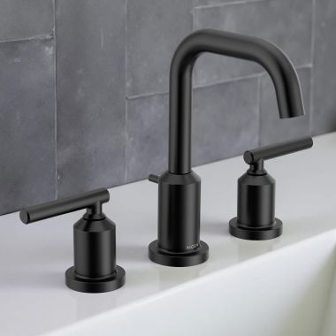 Click here to see Moen TV6142BL Moen Gibson Two-Handle High-Arc Widespread Bathroom Faucet w/ M-PACT Valve and Pop-Up Drain, ADA, 1.2 GPM, Matte Black - TV6142BL