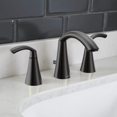 Click here to see Moen TV6173BL Moen Glyde Two-Handle High-Arc Widespread Bathroom Faucet with M-PACT Valve, ADA, 1.2 GPM, Matte Black - TV6173BL