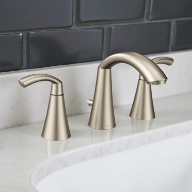 Click here to see Moen TV6173BN Moen Glyde Two-Handle High-Arc Widespread Bathroom Faucet with M-PACT Valve, ADA, 1.2 GPM, Brushed Nickel - TV6173BN