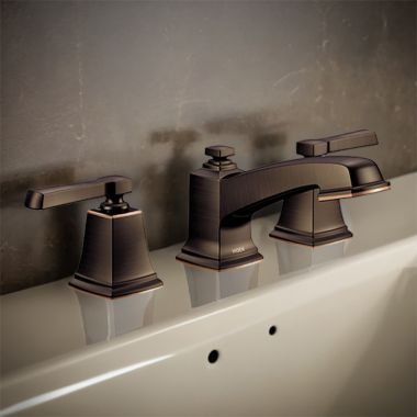 Click here to see Moen TV6220BRB Moen Boardwalk Two Handle Low Arc Widespread Lavatory Bathroom Faucet with M-PACT Valve System, ADA, 1.2 GPM, Bronze Mediterranean - TV6220BRB