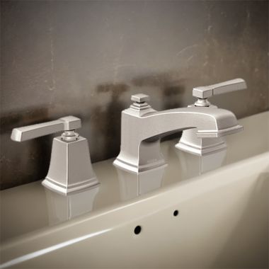 Click here to see Moen TV6220SRN Moen Boardwalk Two Handle Low Arc Widespread Lavatory Bathroom Faucet with M-PACT Valve System, ADA, 1.2 GPM, Brush Nickel - TV6220SRN