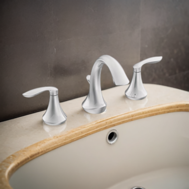 Click here to see Moen TV6420 Moen Eva Two-Handle High-Arc Widespread Bathroom Faucet with M-PACT Valve, ADA, 1.2 GPM, Chrome - TV6420