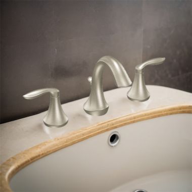 Click here to see Moen TV6420BN Moen Eva Two-Handle High-Arc Widespread Bathroom Faucet with M-PACT Valve, ADA, 1.2 GPM, Brushed Nickel - TV6420BN