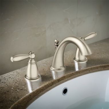 Click here to see Moen TV6620BN Moen Brantford Two-Handle High-Arc Widespread Bathroom Faucet with M-PACT Valve, ADA, 1.2 GPM, Brushed Nickel - TV6620BN