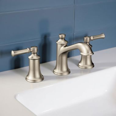 Click here to see Moen TV6805BN Moen Dartmoor Two-Handle Widespread Bathroom Faucet with Valve and Pop-Up Drain, Lever Handles, 1.2 GPM, Brushed Nickel - TV6805BN