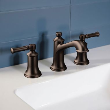 Click here to see Moen TV6805ORB Moen Dartmoor Two-Handle Widespread Bathroom Faucet with Valve and Pop-Up Drain, Lever Handles, 1.2 GPM, Oil Rubbed Bronze - TV6805ORB
