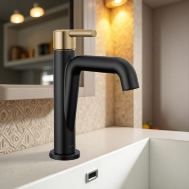 Click here to see Delta 15849LF-GZ Delta Nicoli Bathroom Faucet, Single Handle, Deck Mount, ADA-Compliant, 1.2 GPM, Matte Black/Champagne Bronze - 15849LF-GZ