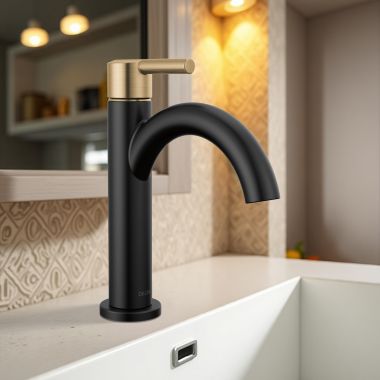 Click here to see Delta 15749LF-GZ Delta Nicoli Bathroom Faucet, Single Handle, Deck Mount, ADA-Compliant, 1.2 GPM, Matte Black/Champagne Bronze - 15749LF-GZ