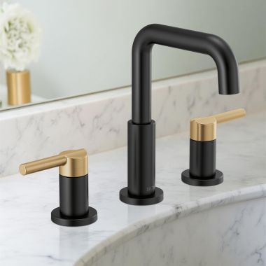 Click here to see Delta 35849LF-GZ Delta Nicoli Widespread Bathroom Faucet, Two-Handle, Deck Mount, ADA-Compliant, 1.2 GPM, Matte Black/Champagne Bronze - 35849LF-GZ