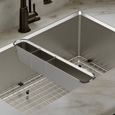 Click here to see Moen 215817 Moen Luxe Chef Workstation System Two-Compartment Utensil Bin, Stainless Steel - 215817