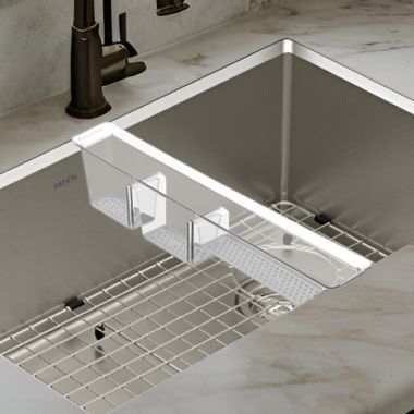 Click here to see Moen 215818 Moen Luxe Chef Workstation System Three-Compartment Utensil Bin, Acrylic - 215818