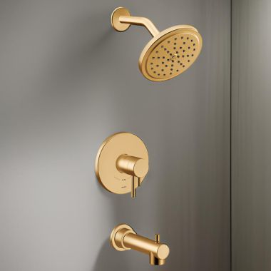 Click here to see Moen UT4293EPBG Moen Align Tub/Shower Faucet with Two-Handle Flow Control and Temperature Adjust Valve Trim, Lever Handles, M-Core 4, Thermostatic Cartridge, Brushed Gold - UT4293EPBG