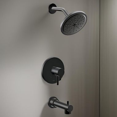 Click here to see Moen UT4293EPBL Moen Align Tub/Shower Faucet with Two-Handle Flow Control and Temperature Adjust Valve Trim, Lever Handles, M-Core 4, Thermostatic Cartridge, Matte Black - UT4293EPBL