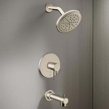 Click here to see Moen UT4293EPBN Moen Align Tub/Shower Faucet with Two-Handle Flow Control and Temperature Adjust Valve Trim, Lever Handles, M-Core 4, Thermostatic Cartridge, Brushed Nickel - UT4293EPBN