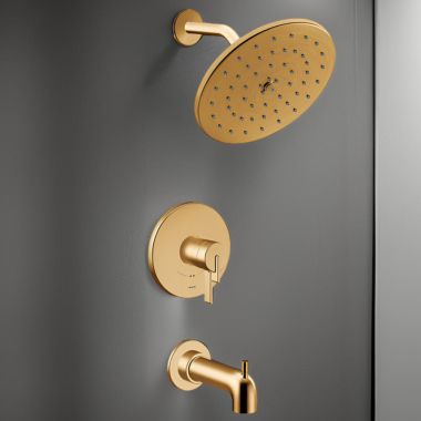 Click here to see Moen UT4363EPBG Moen CIA Tub/Shower Faucet with Two-Handle Flow Control and Temperature Adjust Valve Trim, Lever Handles, M-Core 4, Thermostatic Cartridge, Brushed Gold - UT4363EPBG